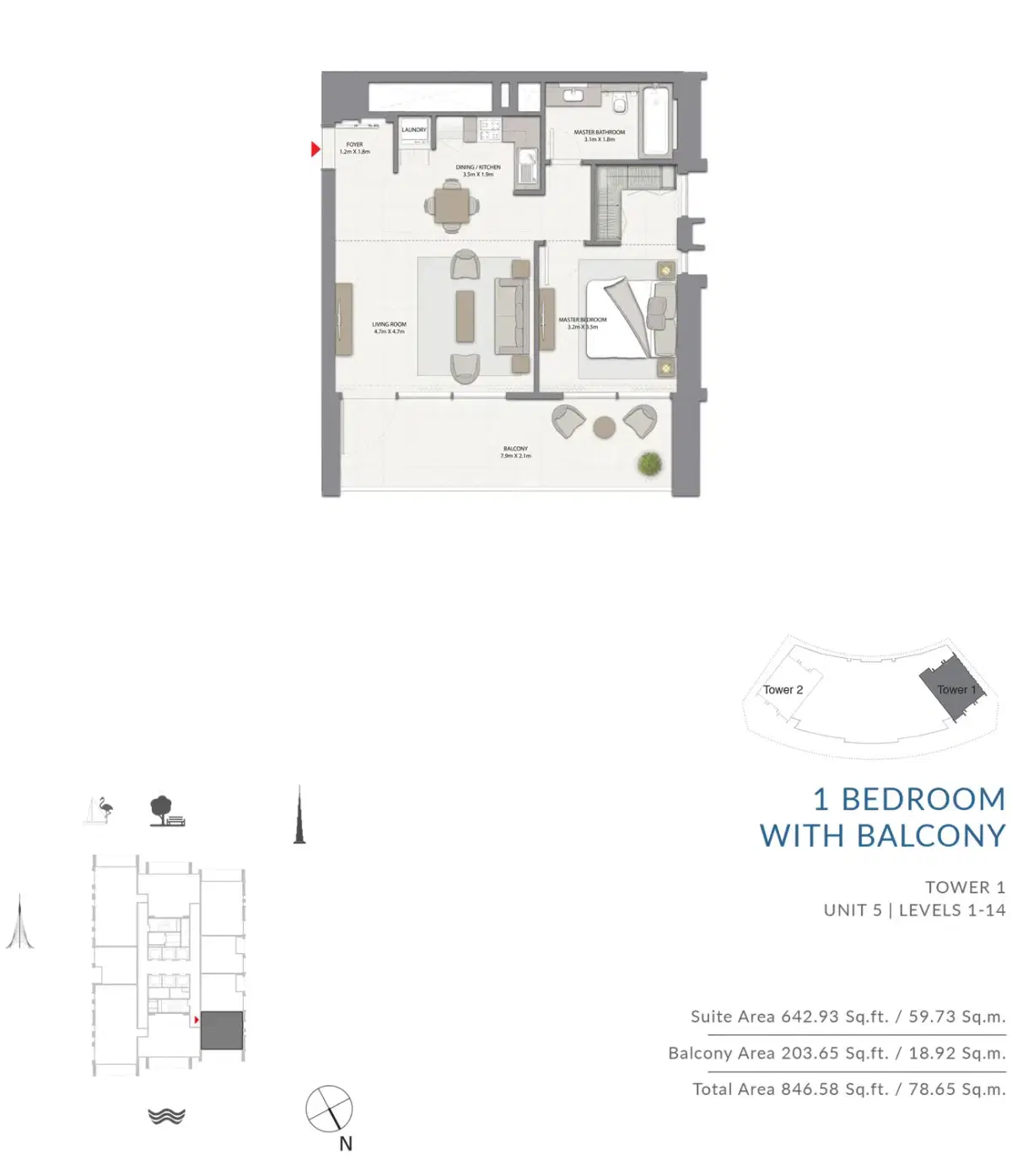 EMAAR Harbour Gate Dubai 1 BR Floor Plan 846 Sq. Ft.