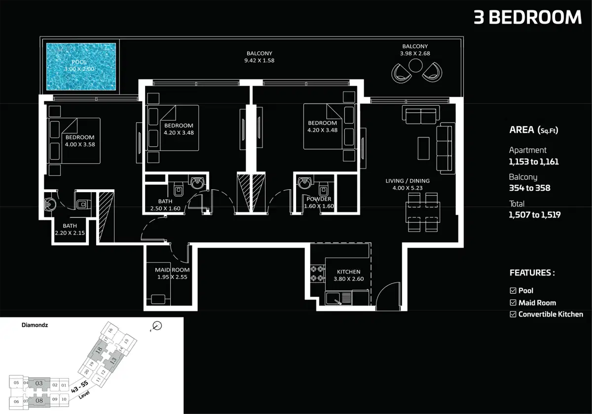 Danube Diamondz Dubai 3 BR Floor Plan 1,507 Sq. Ft.