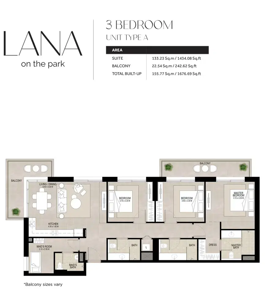 Nshama Lana On The Park Dubai 3 BR Floor Plan 1,677 Sq. Ft.