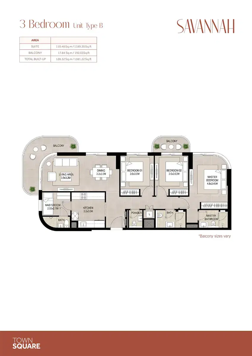 Nshama Savannah Dubai 3 BR Floor Plan 1,381 Sq. Ft.