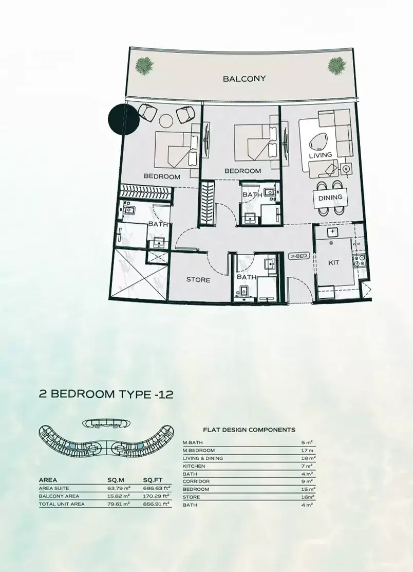 Binghatti Aquarise at Business Bay Dubai 2 BR Floor Plan 856 Sq. Ft.