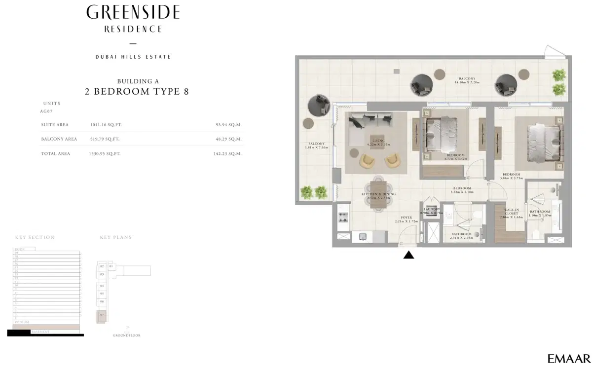 EMAAR Greenside Residence Dubai 2 BR Floor Plan 1,530 Sq. Ft.