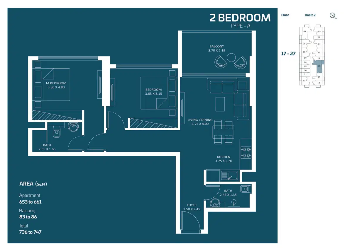 Danube Oasiz 2 At Dubai Silicon Oasis 2 BR Apartments Floor Plan