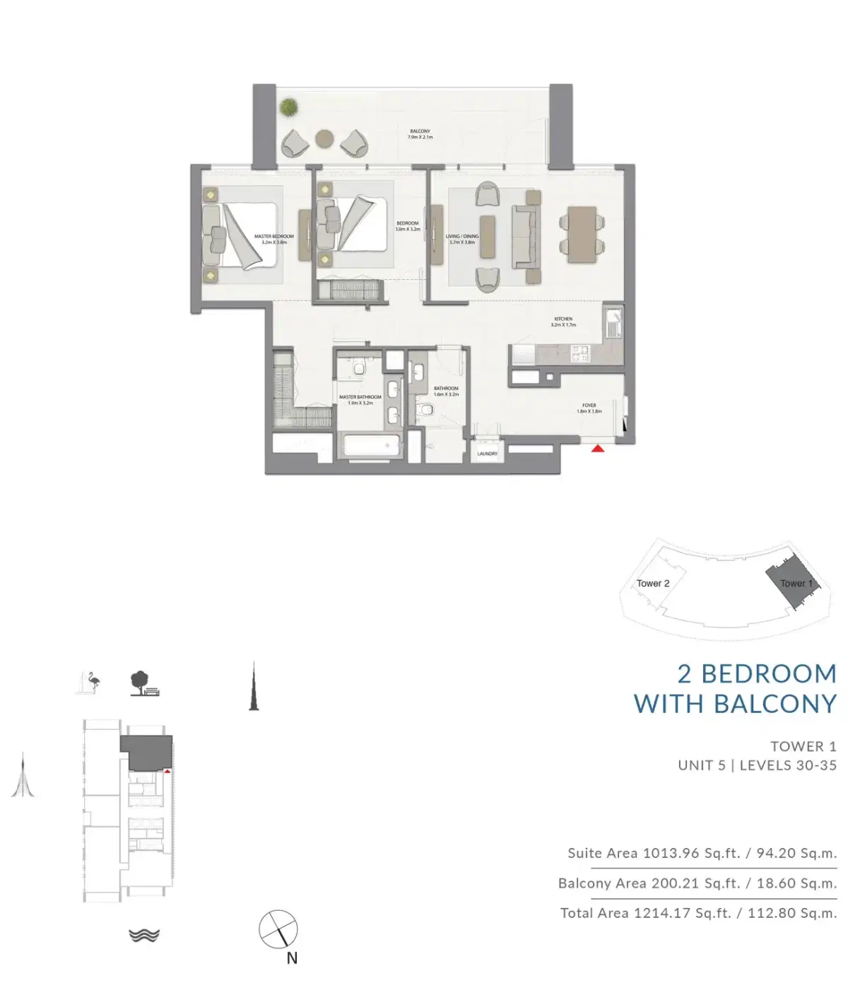 EMAAR Harbour Gate Dubai 2 BR Floor Plan 1,214 Sq. Ft.