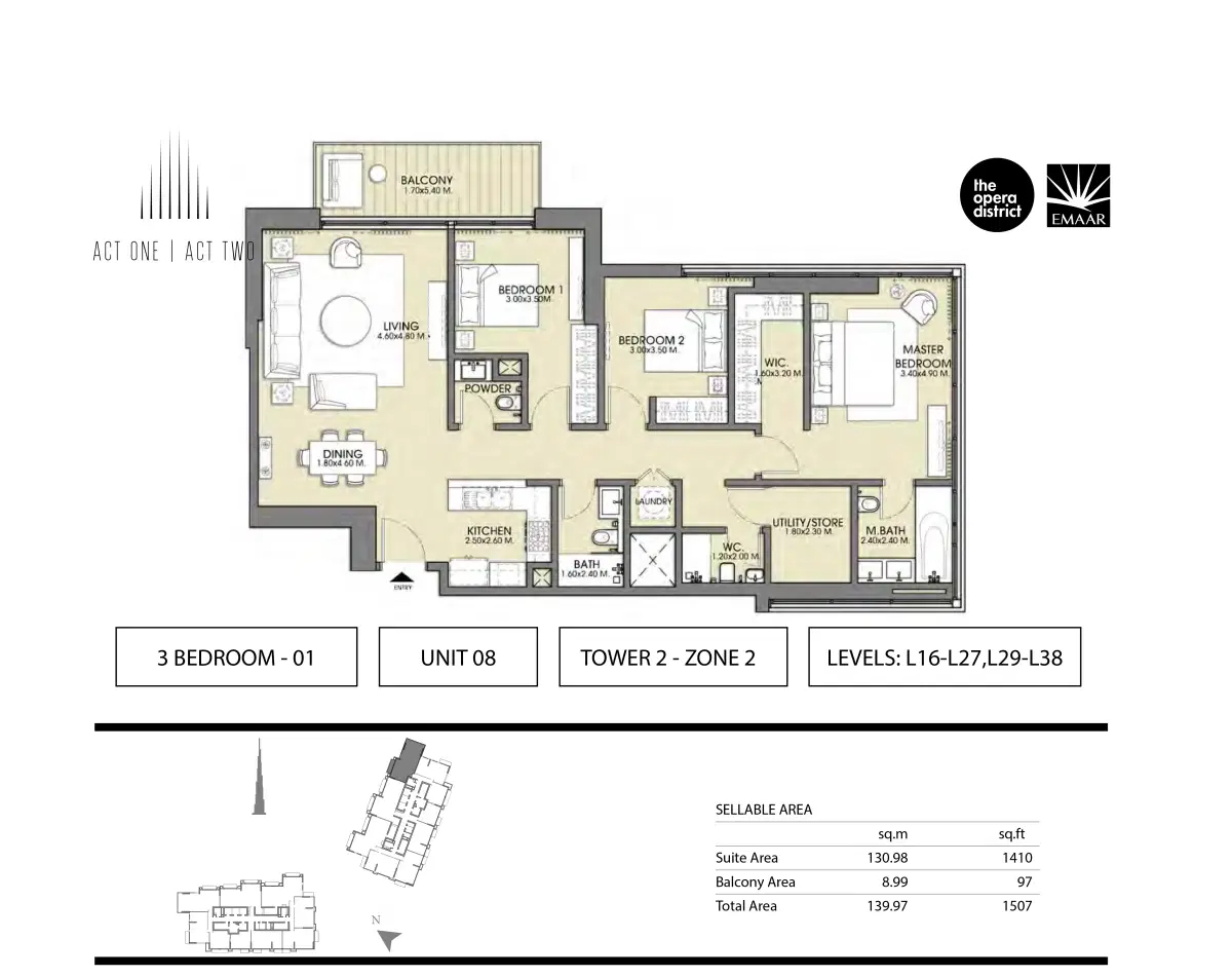 Emaar Act One Act Two 3 BR Apartment Floor Plan