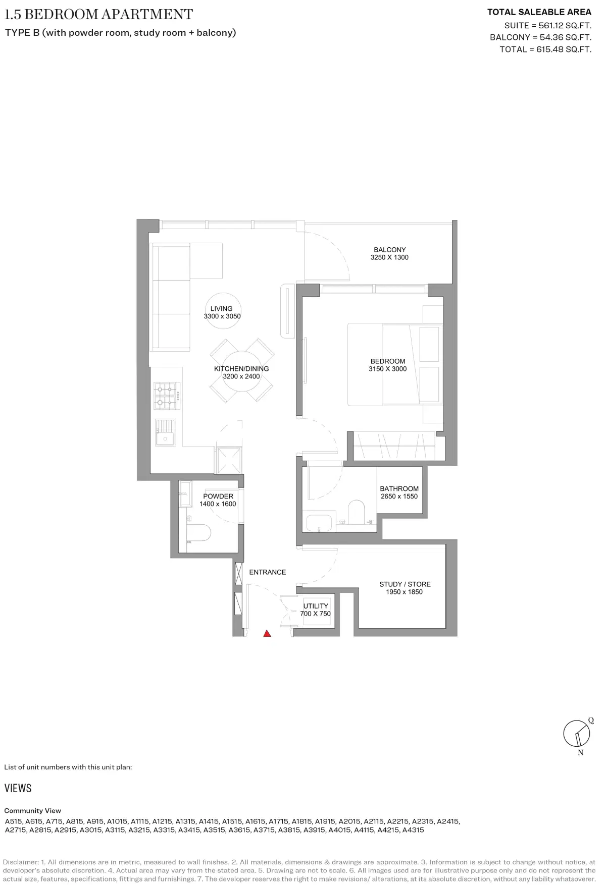 Sobha Solis Dubai 1.5 BR Floor Plan 615 Sq. Ft.
