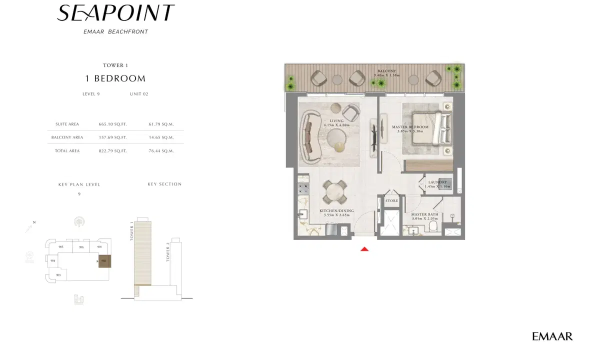 EMAAR Seapoint Development 1 BR Floor Plan 822 Sq. Ft.