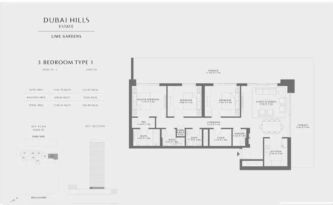 EMAAR Lime Gardens Dubai 3 BR Floor Plan 2,194 Sq. Ft.