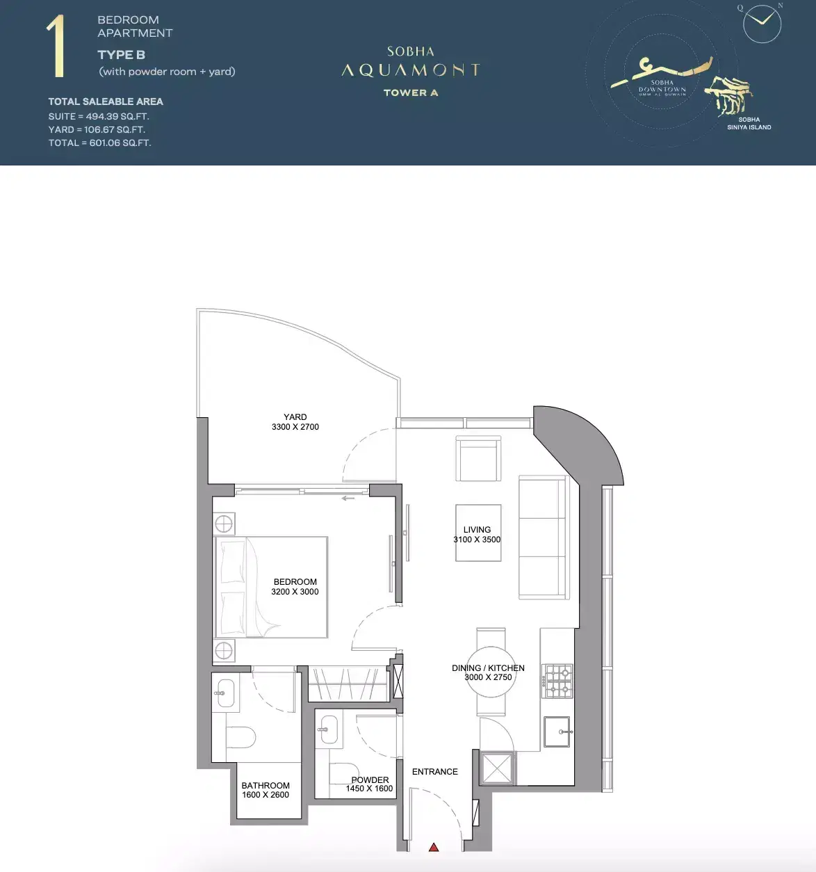 Aquamont at Downtown Umm Al Quwain 1 BR Floor Plan 601 Sq. Ft.