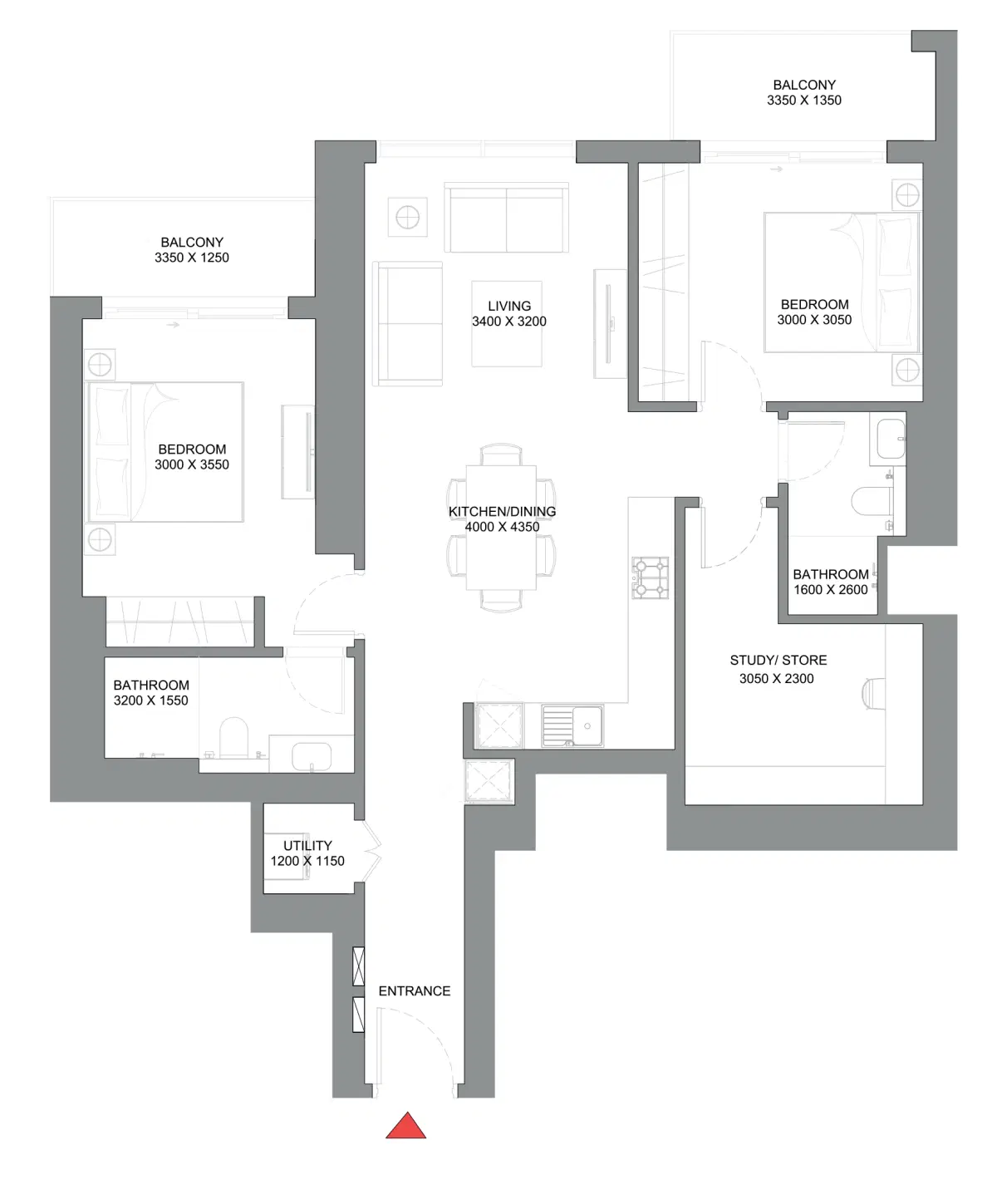 Sobha 340 Riverside Crescent 2.5 Bedroom Apartments Floor Plan