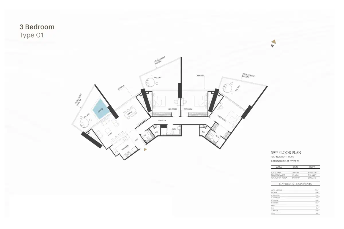 Binghatti Royale Dubai 3 BR Floor Plan 2103 Sq.Ft