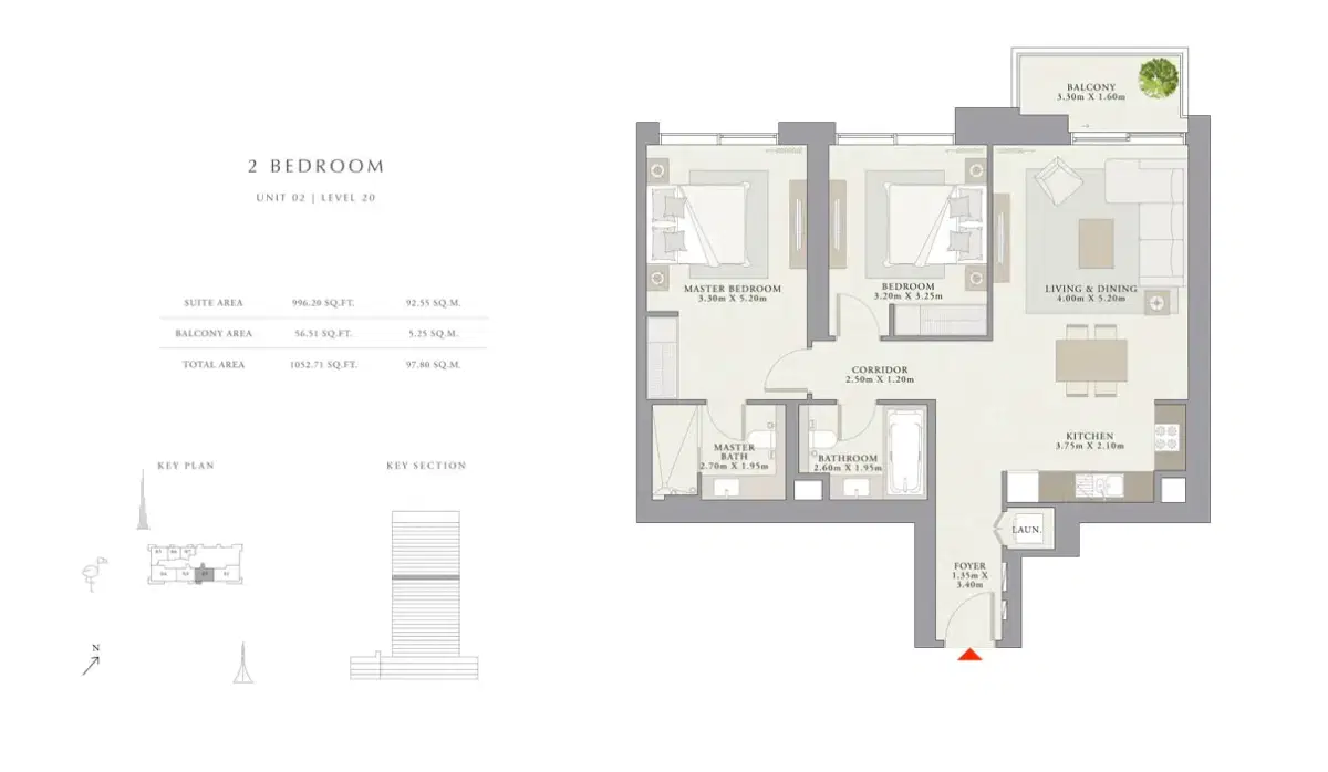 EMAAR Creek Palace Dubai 2 BR Floor Plan 1,052 Sq. Ft.