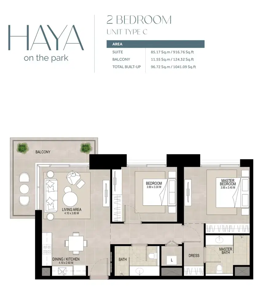 Nshama Haya Dubai 2 BR Floor Plan 1,041 Sq. Ft.