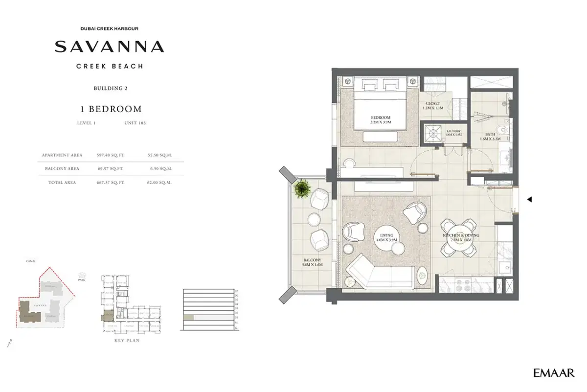 EMAAR Savanna Apartments 1 BR Floor Plan 667 Sq. Ft.