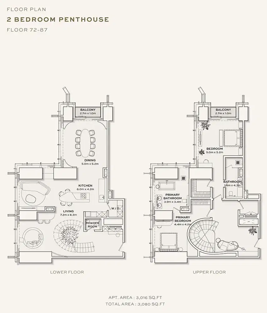 Burj Azizi Tower by Azizi Developments 2 BR Floor Plan 3,080 Sq. Ft.