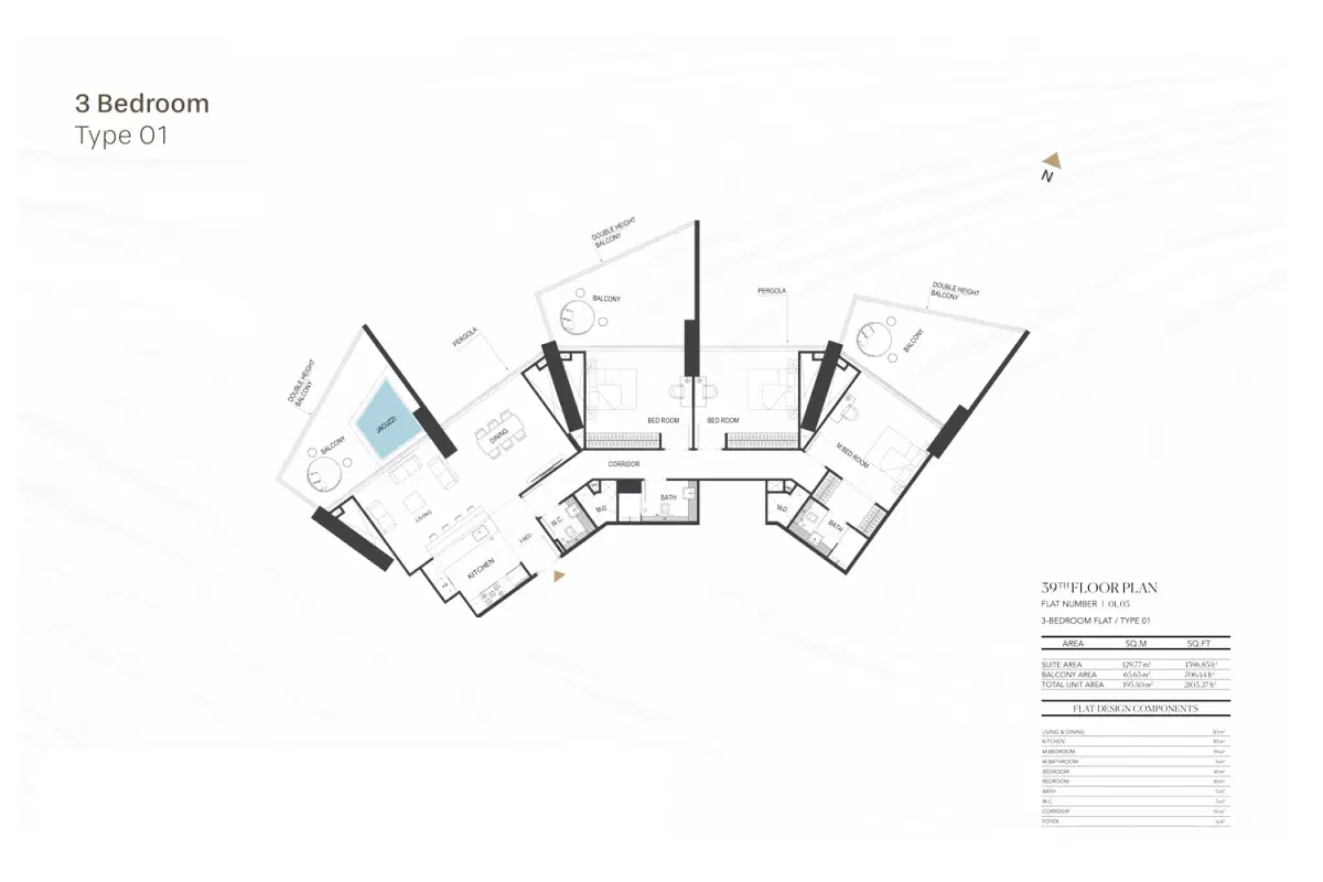 Binghatti Royale Jumeirah Village Circle 3 BR Apartment Floor Plan