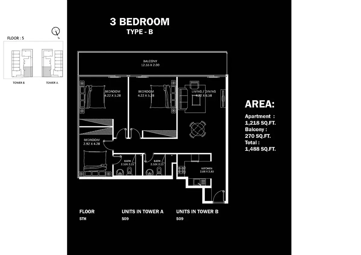 Danube Elitz Dubai 3 BR Floor Plan 1,488 Sq. Ft.