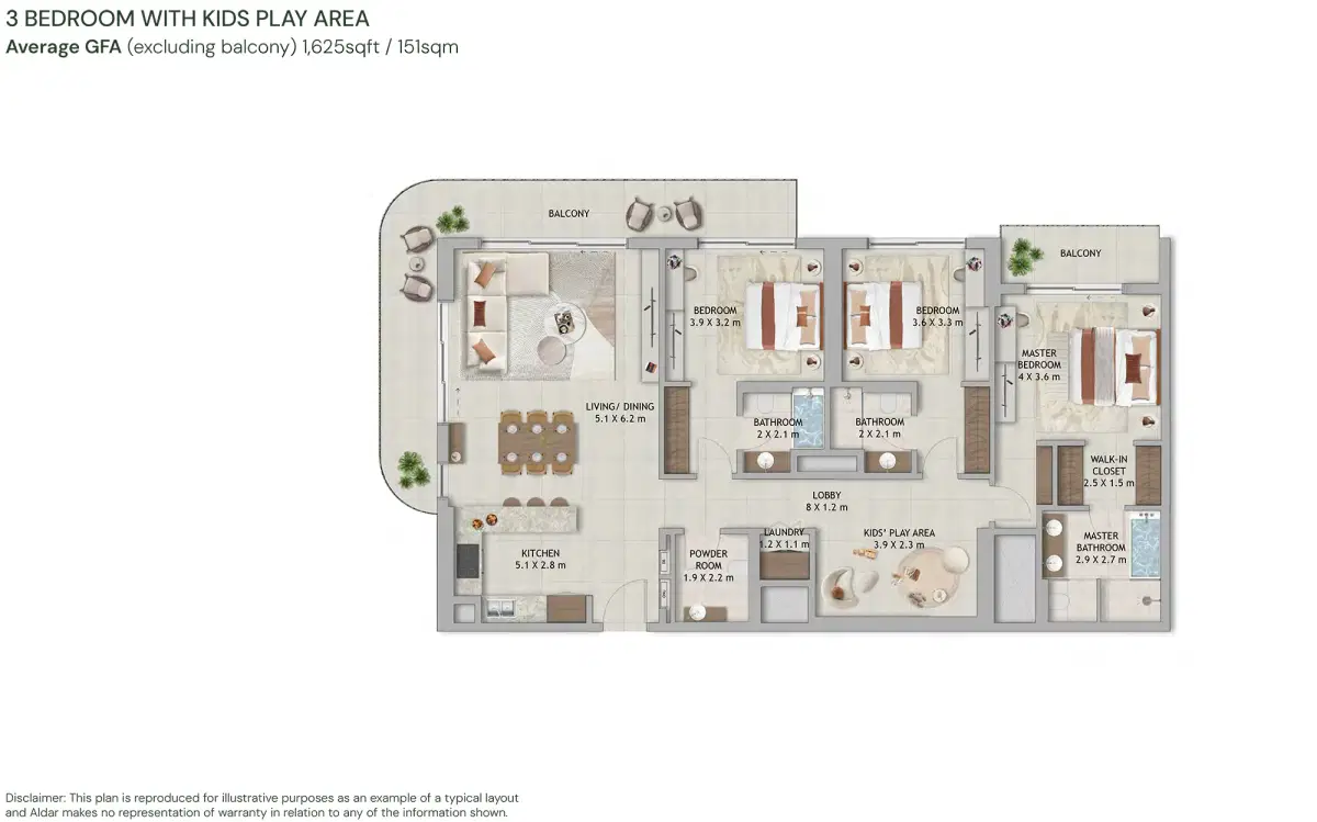 Aldar Verdes by Haven Dubai 3 BR Floor Plan 1,625 Sq. Ft.