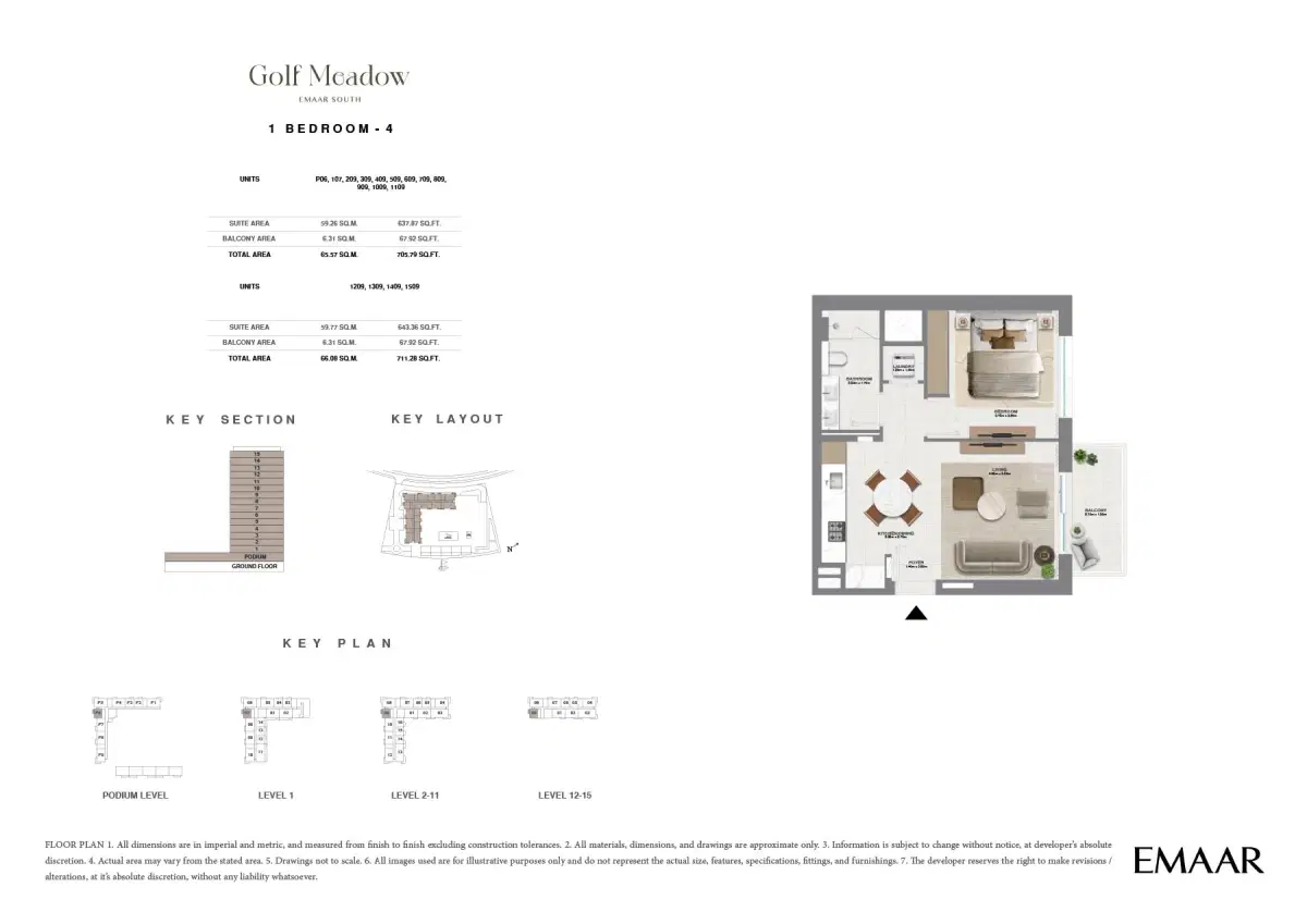 Golf Meadow at Emaar South 1 BR Floor Plan 711 Sq. Ft.