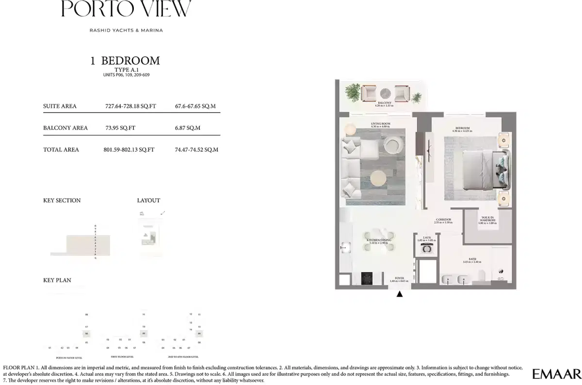 Emaar Porto View At Rashid Yachts And Marina 1 BR Apartment Floor Plan
