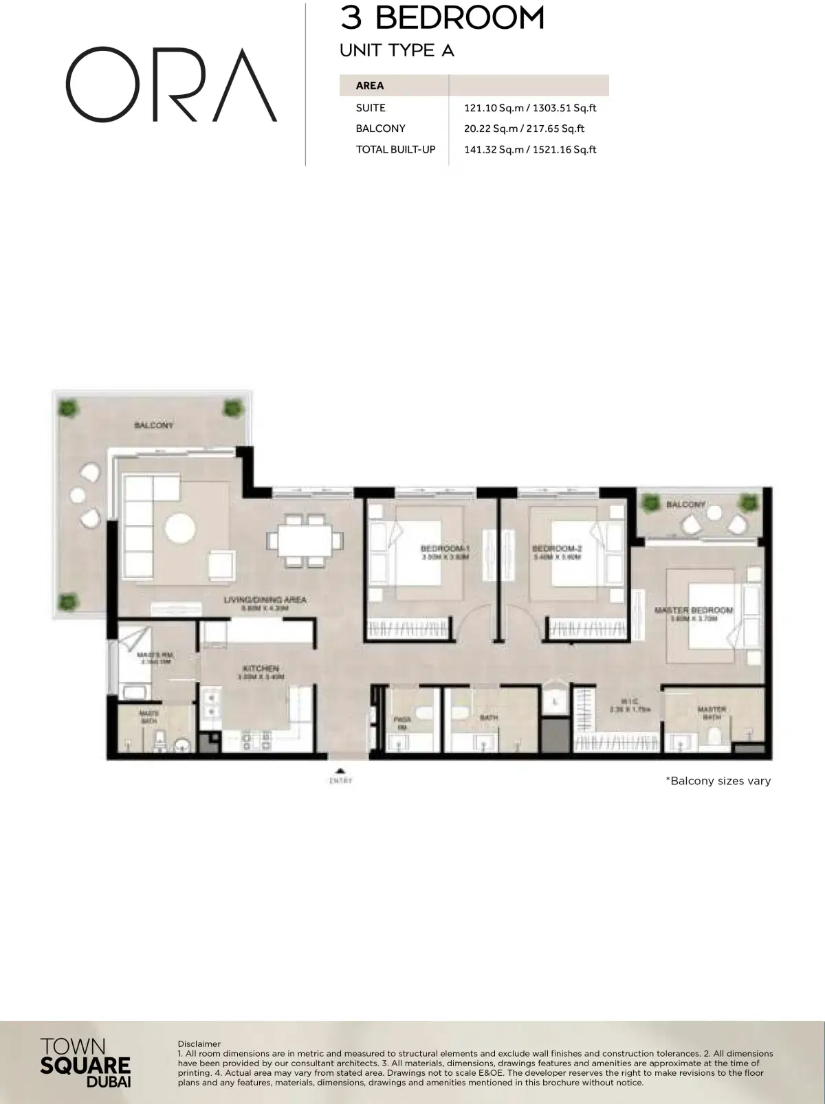 Nshama Ora Town Square Dubai 3 Bedroom Apartments Floor Plan