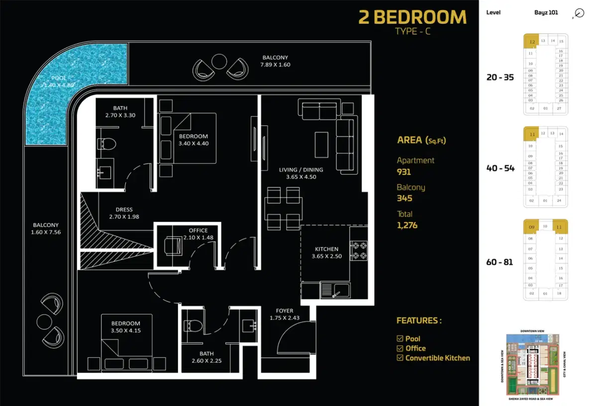 DANUBE Bayz 101 Dubai 2 BR Floor Plan 1,276 Sq. Ft.
