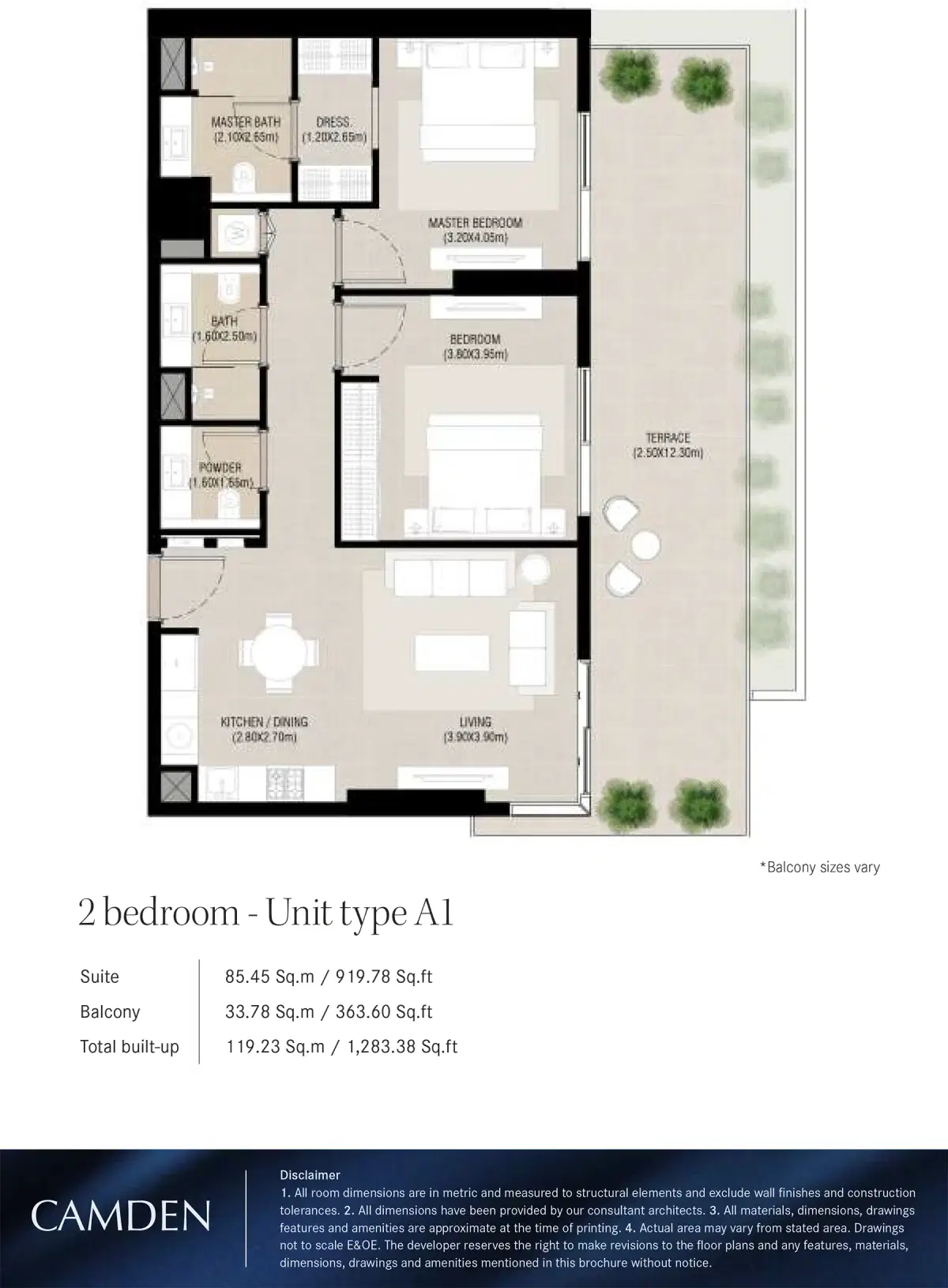 Nshama Camden Apartments at Town Square Dubai 2 BR Floor Plan 1,238 Sq. Ft.