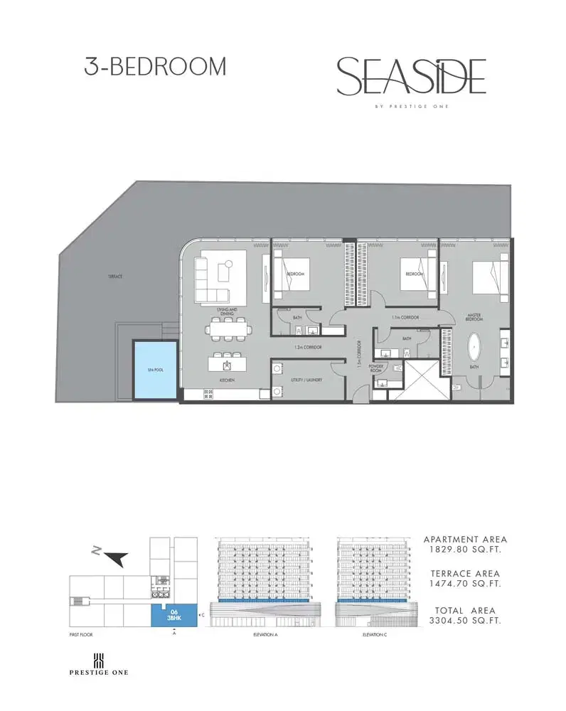Prestige One Seaside Apartments at Dubai Islands 3 BR Floor Plan 3,304 Sq. Ft.