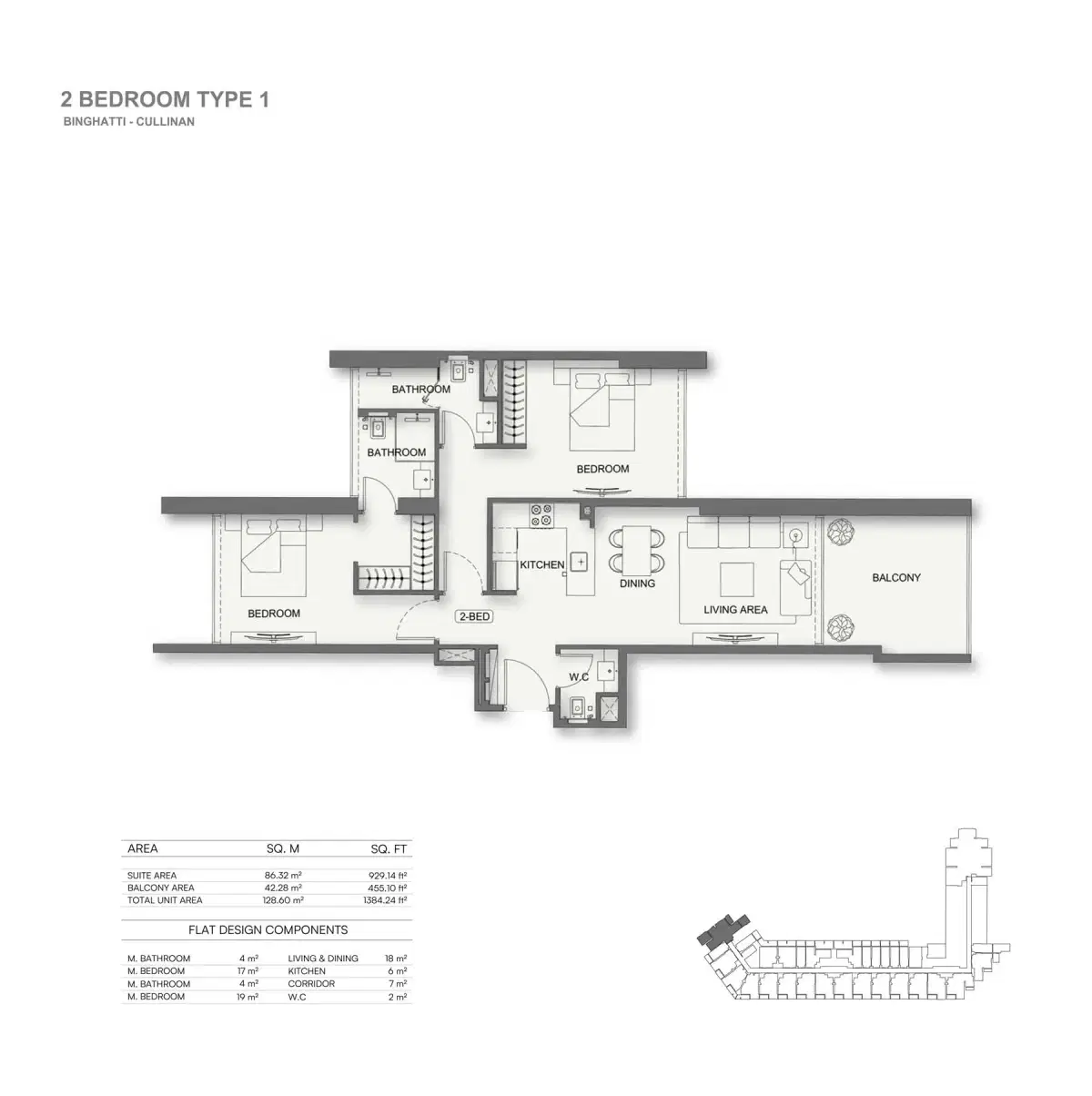Binghatti Cullinan at Al Jaddaf | Luxury Studio & Apartments 2 BR Apartment Floor Plan