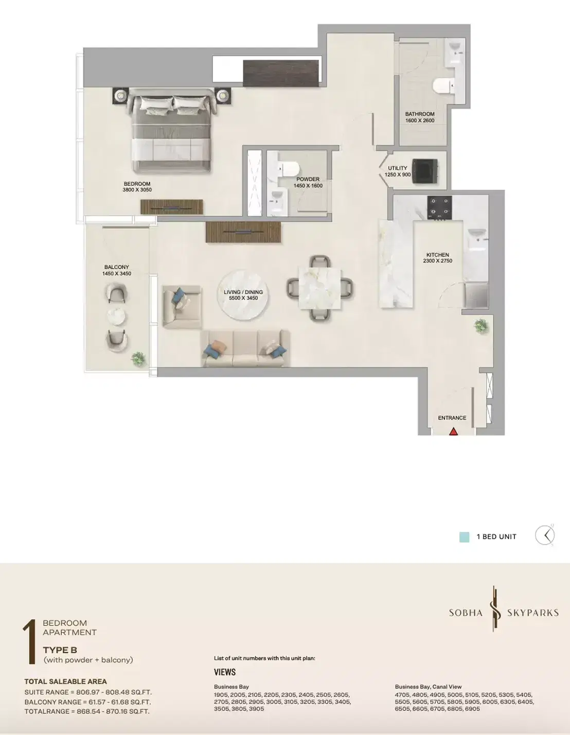 Sobha Skyparks Business Bay Dubai 1 BR Apartment Floor Plan 868 Sq. Ft.