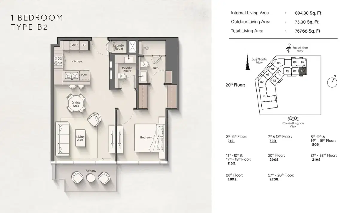 Ellington Claydon House Meydan Dubai 1 BR Apartments Floor Plan