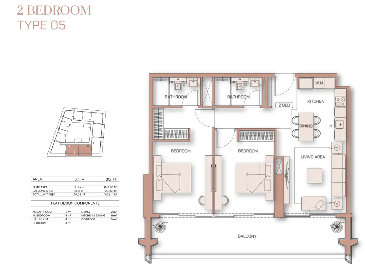 Binghatti Pinnacle Apartments Dubai at Al Jaddaf 2 BR Apartment Floor Plan