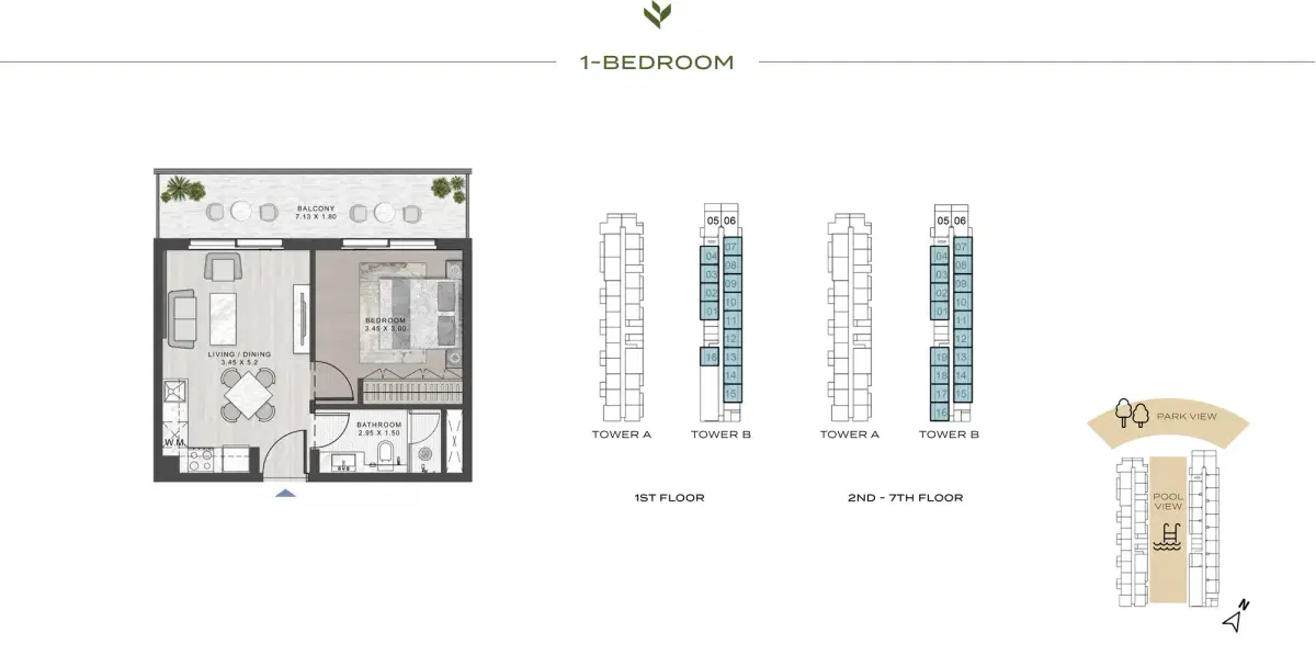 DAMAC Evergreens Apartments at DAMAC Hills 2 Dubai 1 BR Apartment Floor Plan