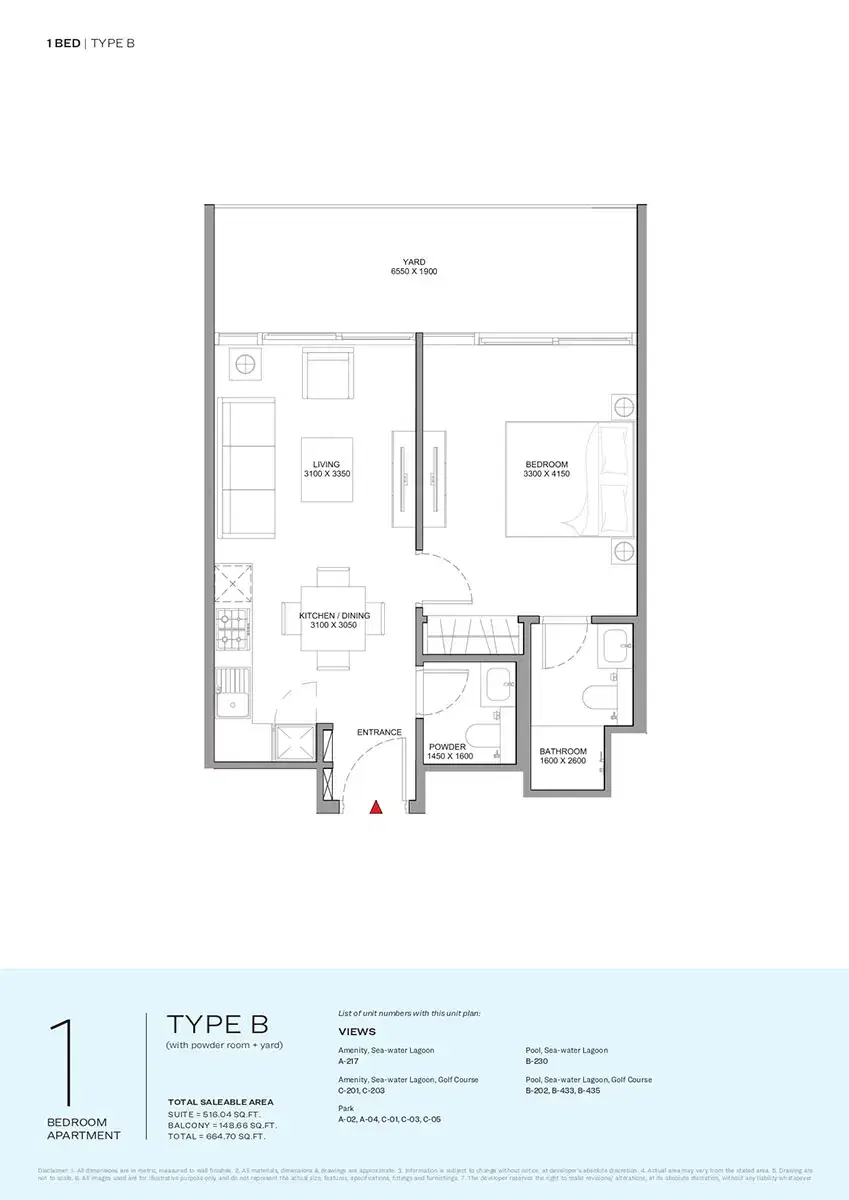 Sobha Selene Beach Residences Apartments at Siniya Island 1 BR Apartment Floor Plan 664 Sq. Ft.