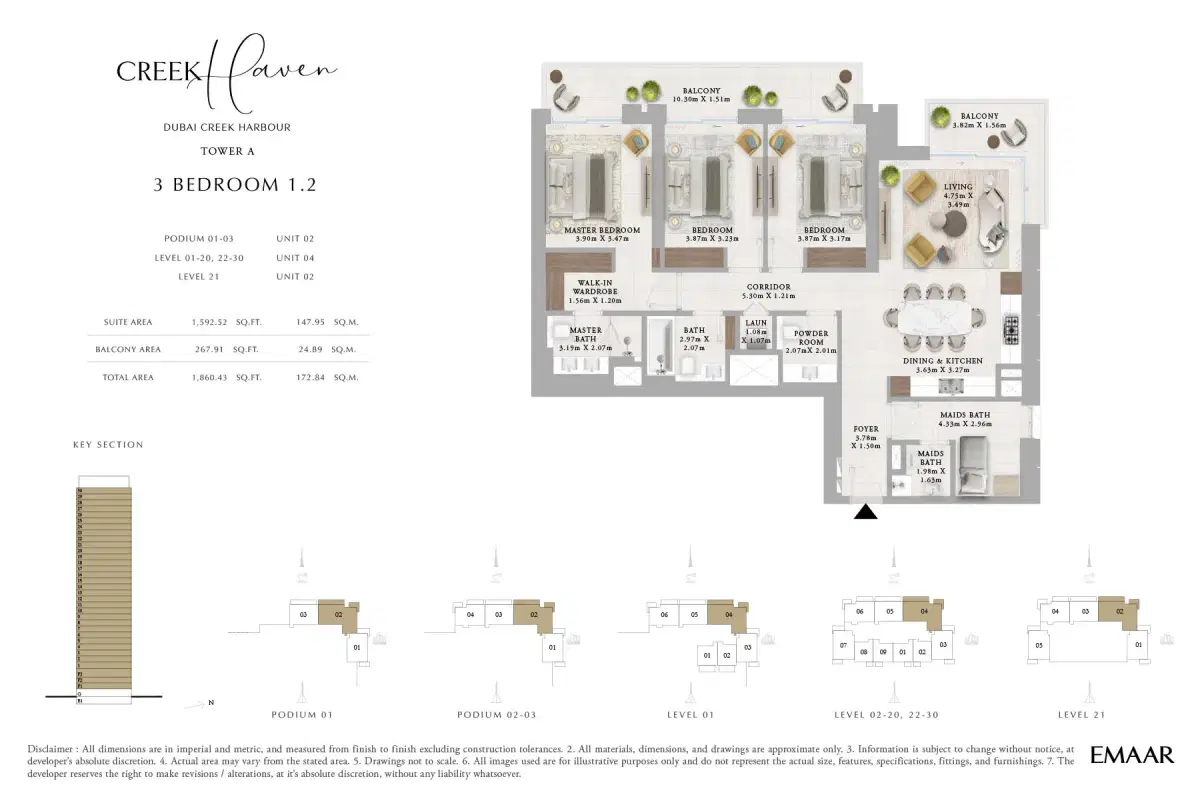 EMAAR Creek Haven At Dubai Creek Harbour | Luxury Apartments 3 BR Apartment Floor Plan