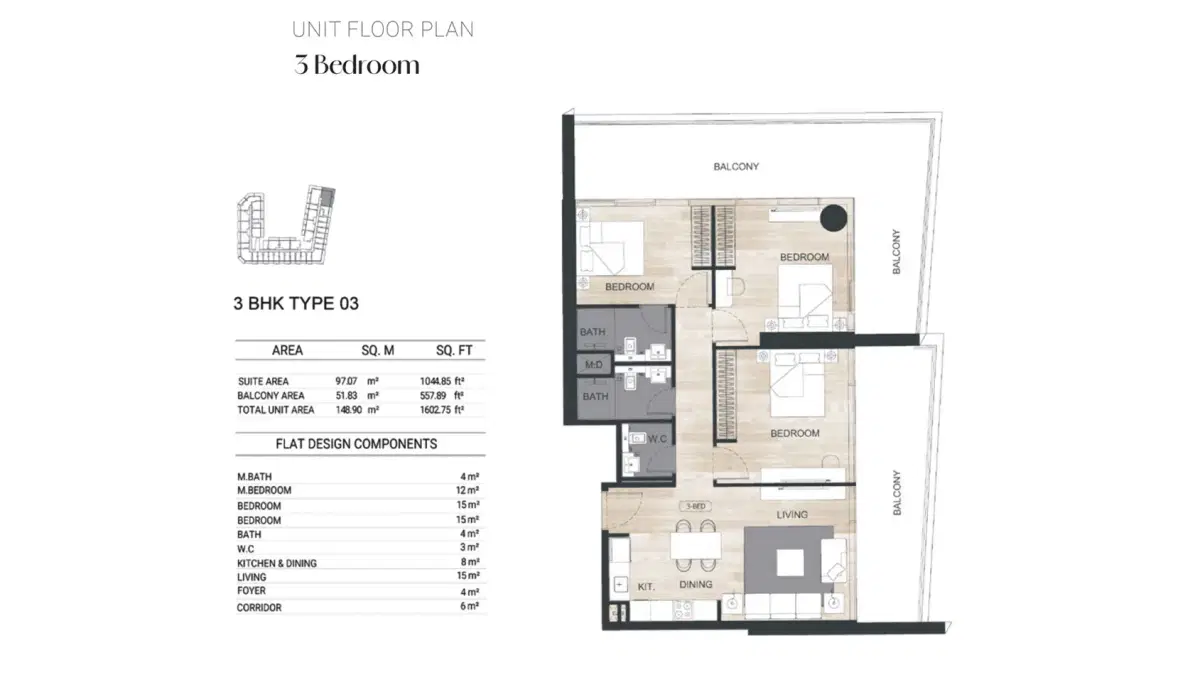 Binghatti Ghost Studios & Apartments at Al Jaddaf 3 BR Floor Plan 1,602 Sq.Ft.