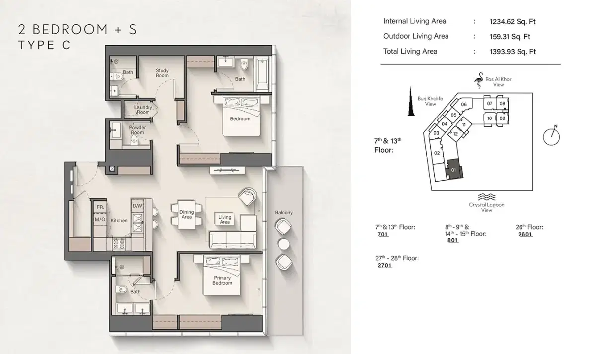 Ellington Claydon House Meydan Dubai 2 BR Apartments Floor Plan