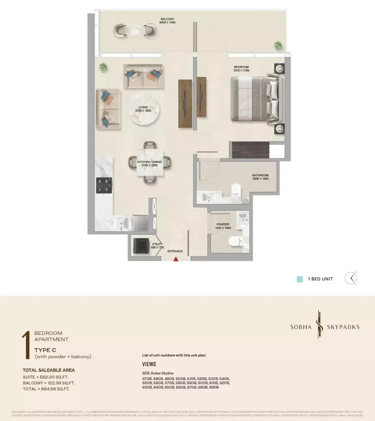 Sobha Skyparks Business Bay Dubai 1 BR Apartment Floor Plan 684 Sq. Ft.