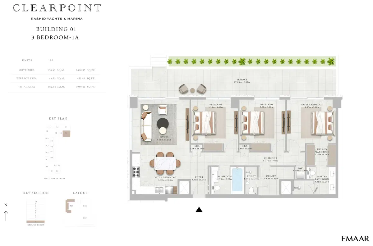 EMAAR Clearpoint Dubai 3 BR Floor Plan 1,959 Sq. Ft.