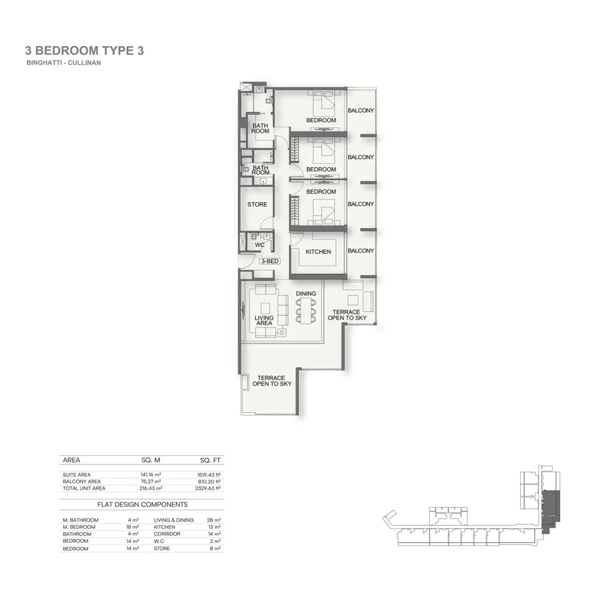 Binghatti Cullinan at Al Jaddaf | Luxury Studio & Apartments 3 BR Apartment Floor Plan