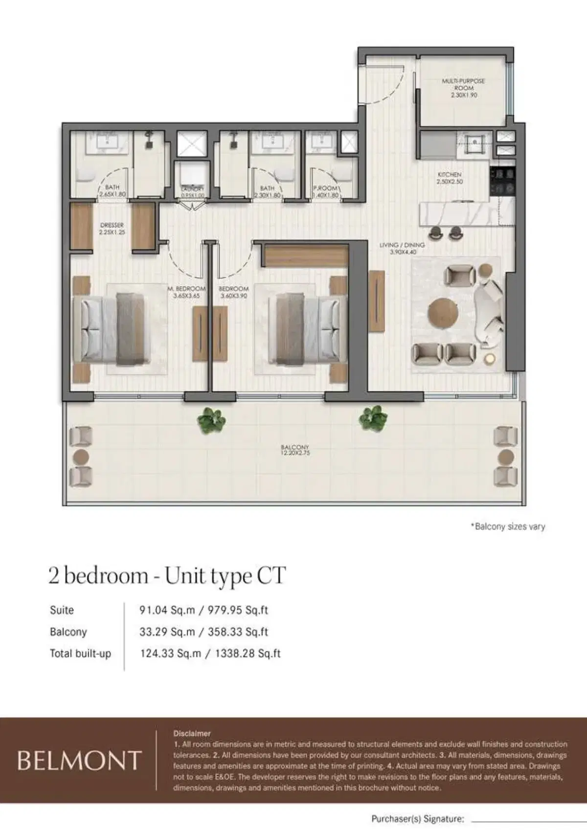 Belmont by Nshama at Town Square Dubai 2 BR Floor Plan 1,338 Sq. Ft.