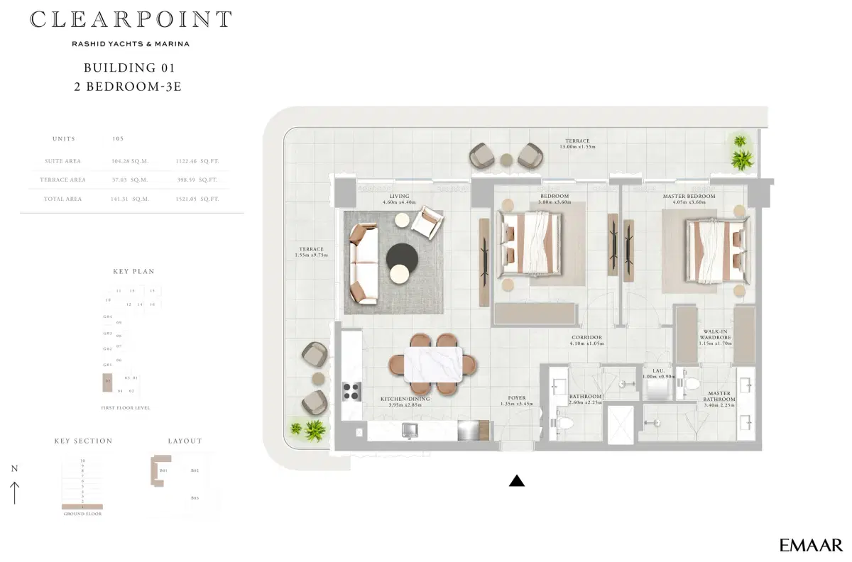 EMAAR Clearpoint Dubai 2 Bedroom Floor Plan 1,521 SQ. FT.