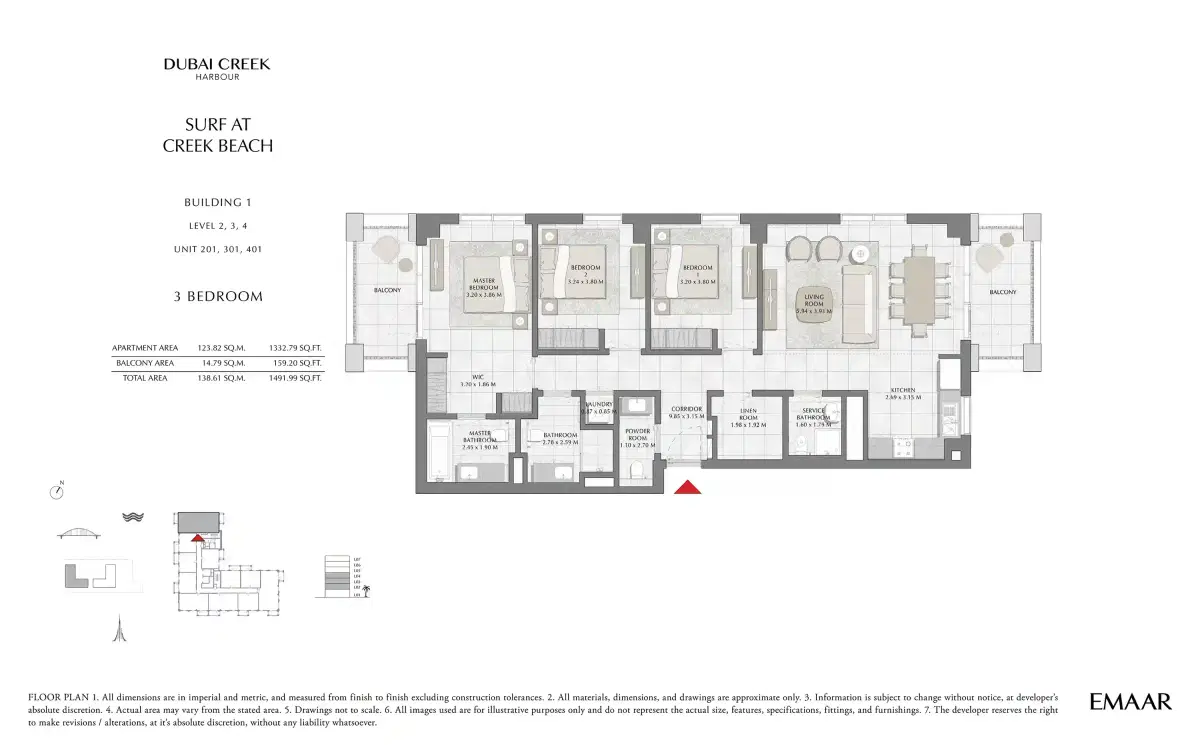 Dubai Creek Harbour Surf 3 Bedroom Apartments Floor Plan