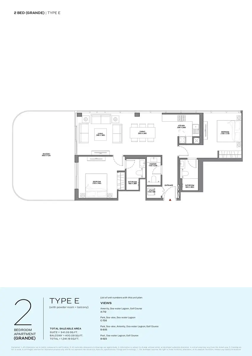 Sobha Selene Beach Residences Apartments at Siniya Island 2 BR Apartment Floor Plan 1,341 Sq. Ft.