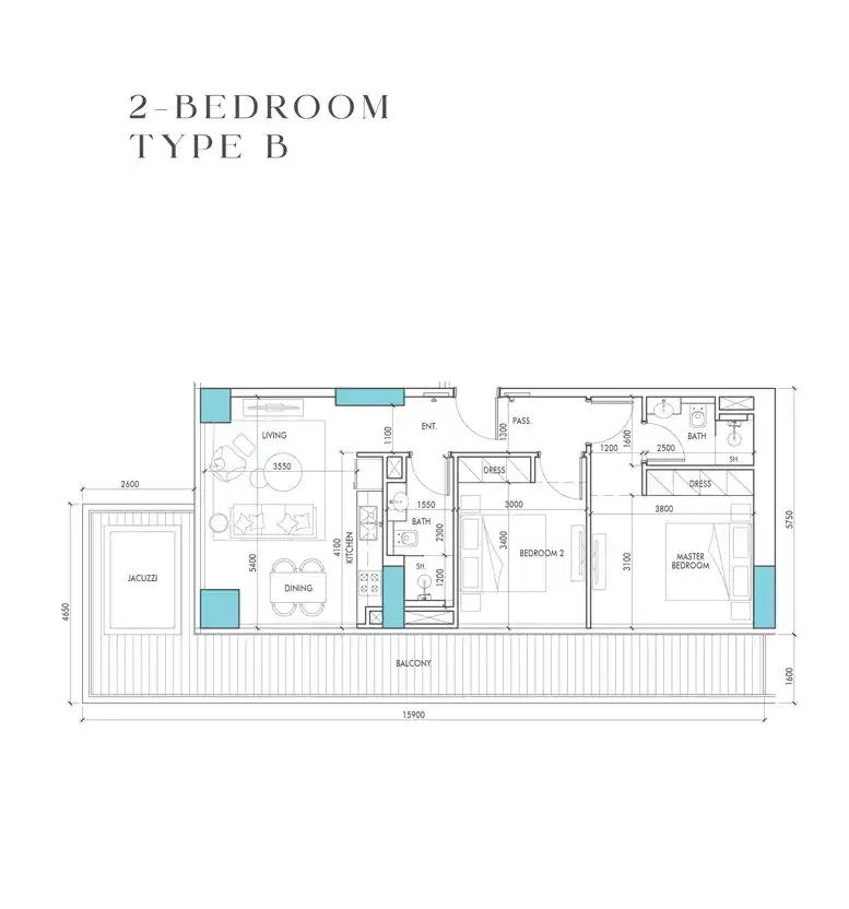 The Waterway Prestige One Meydan Horizon 2 BR Apartments Floor Plan