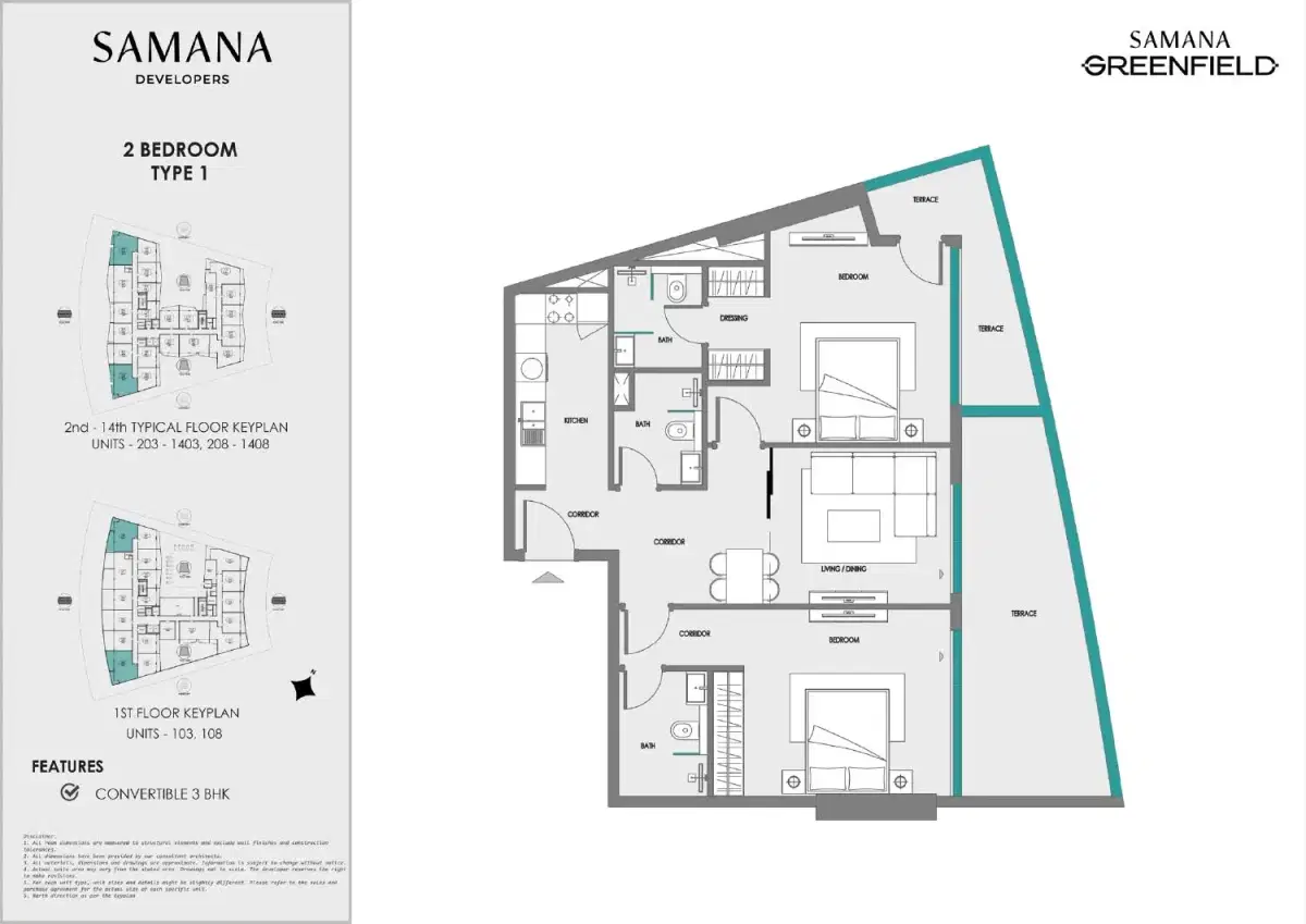 Samana Greenfield At Dubai International City 2 2 BR Apartment Floor Plan
