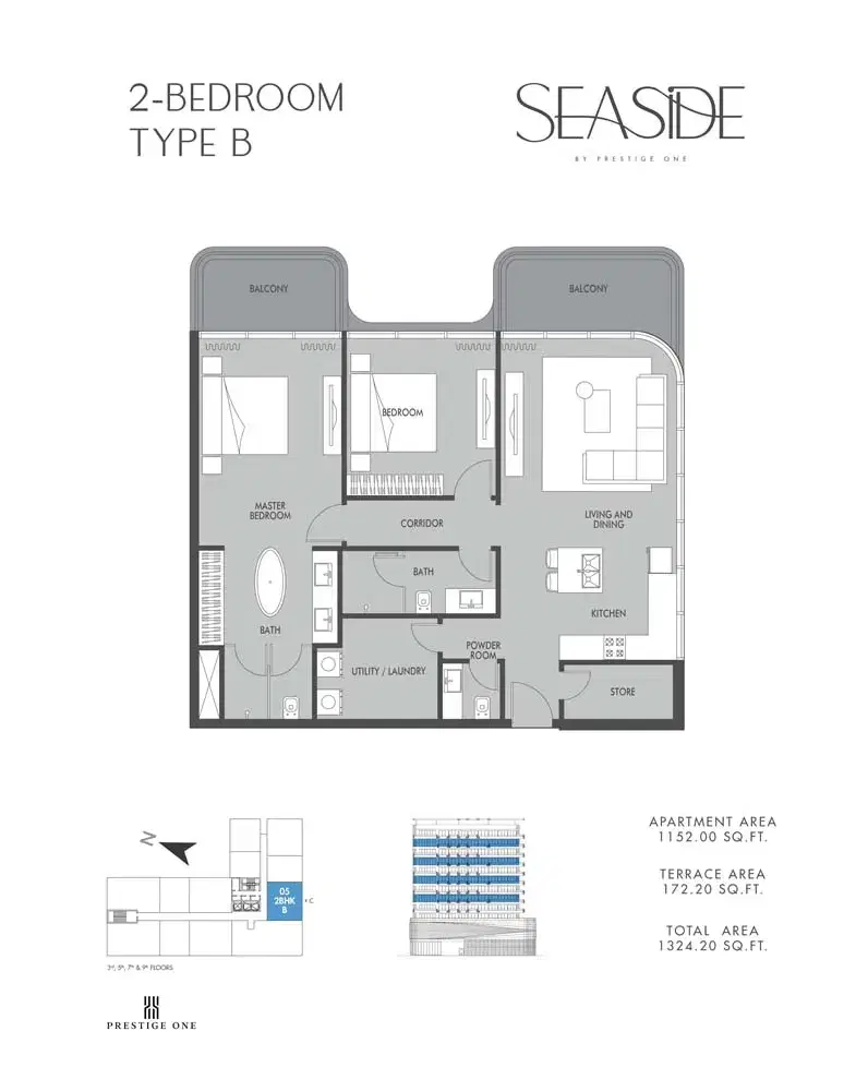 Prestige One Seaside Apartments at Dubai Islands 2 BR Floor Plan 1,324 Sq. Ft.