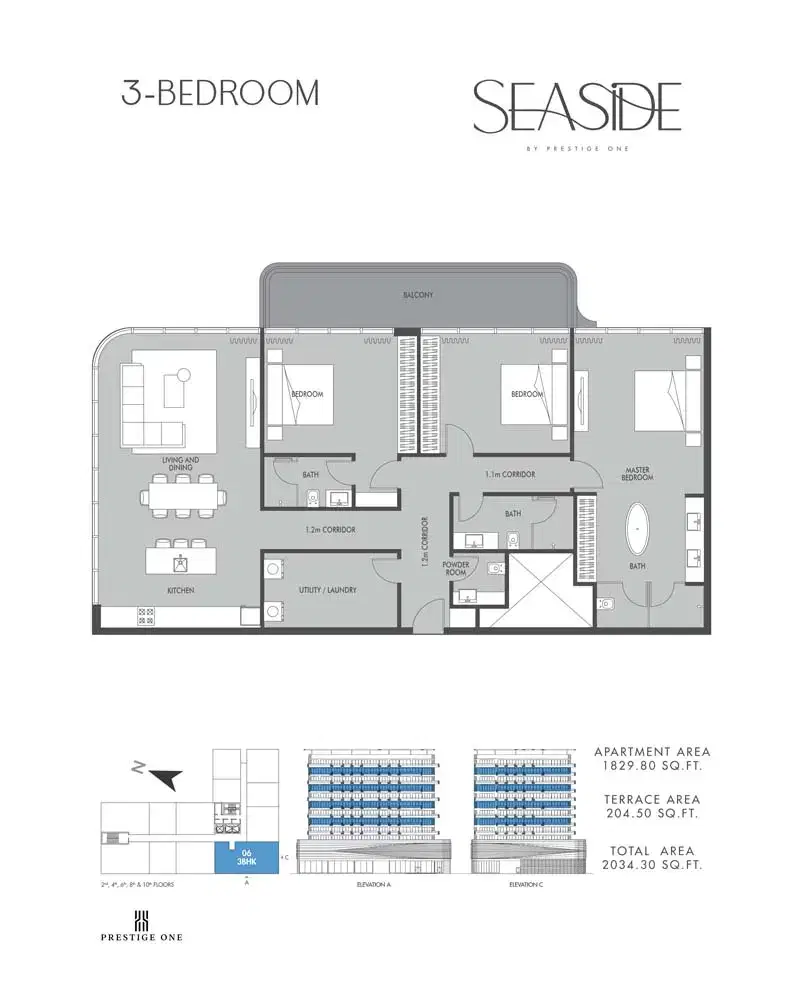 Prestige One Seaside Apartments at Dubai Islands 3 BR Floor Plan 2,034 Sq. Ft.