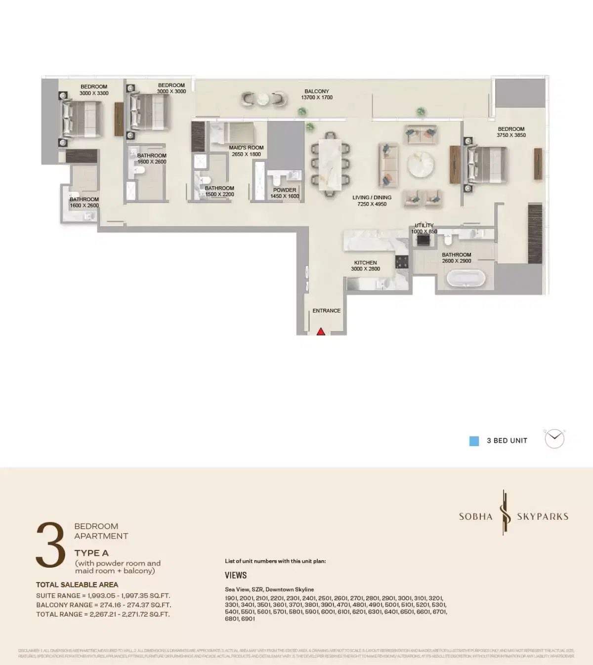 Sobha Skyparks Business Bay Dubai 3 BR Apartment Floor Plan 2,267 Sq. Ft.