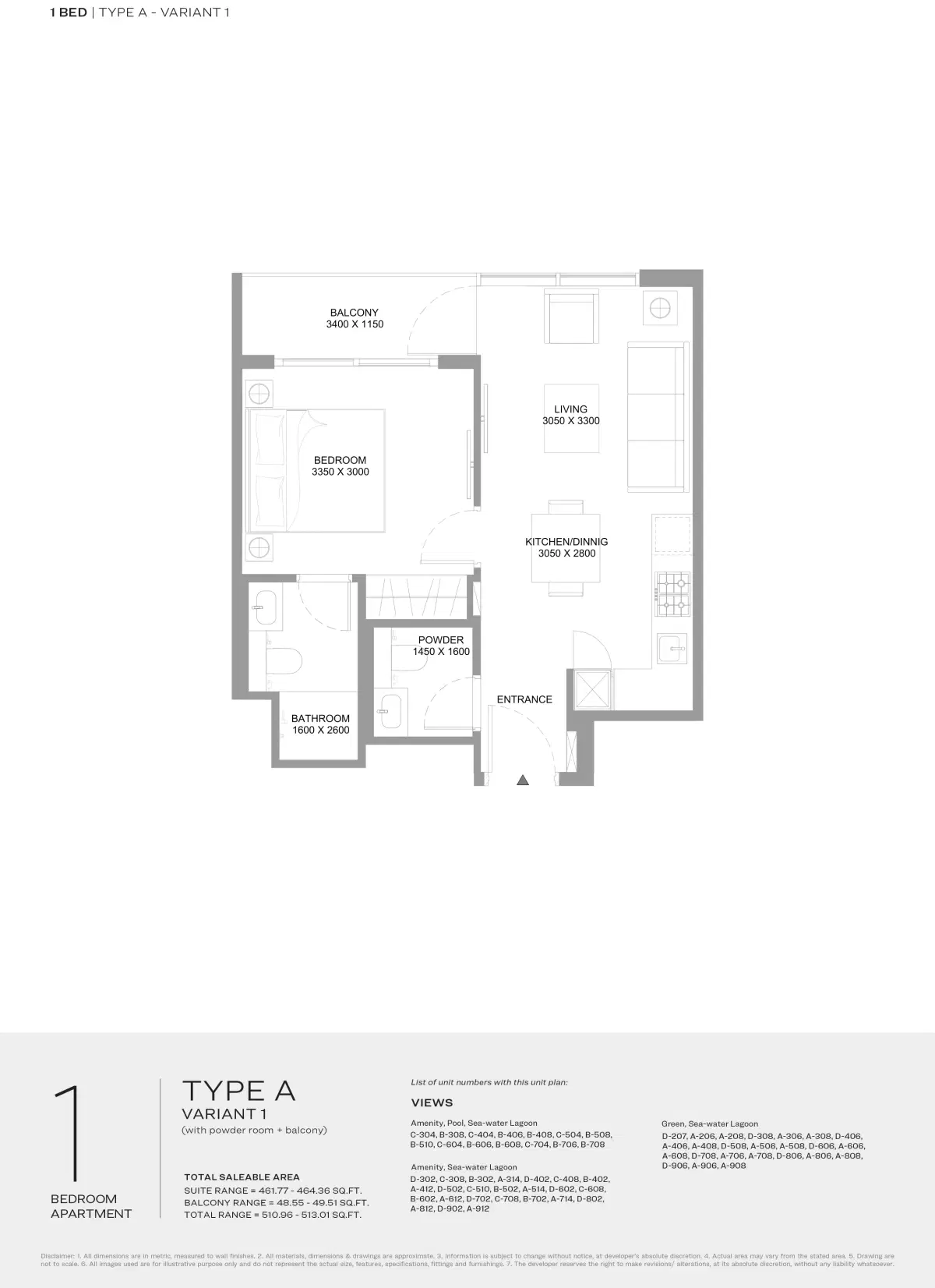 Sobha Coastline Beach Residences At Siniya Island 1 Bedroom Appartment Type-A Floor Plan